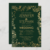 Elegant Forest Green Gold Floral Wedding Kaart (Voorkant / Achterkant)