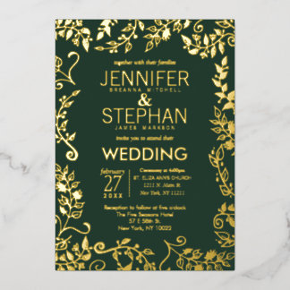 Elegant Forest Green Real Gold Floral Wedding Folie Uitnodiging