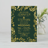 Elegant Forest Green Real Gold Floral Wedding Folie Uitnodiging (Staand Voorkant)