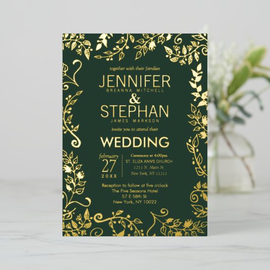 Elegant Forest Green Real Gold Floral Wedding Folie Uitnodiging (Staand Voorkant)