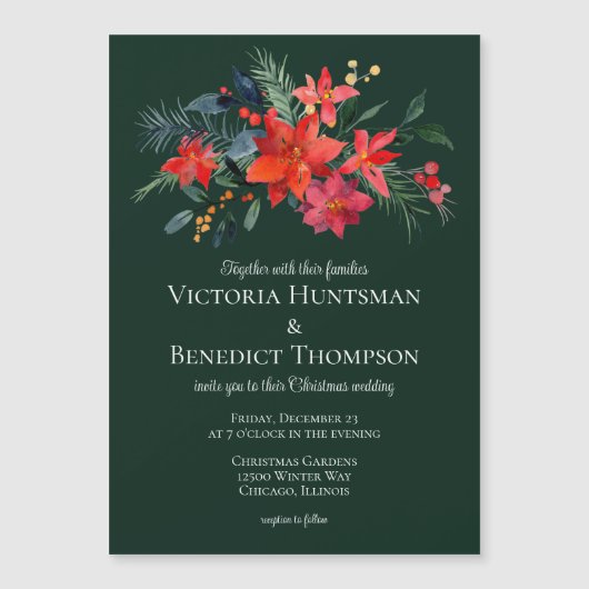 Elegant Forest Green Red Floral kerstbruiloft Magnetische Uitnodiging (Voorkant)