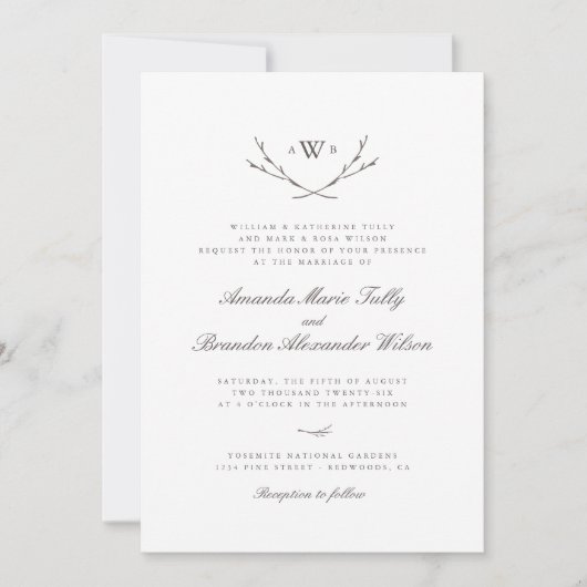 Elegant Forest Monogram Wedding Invites Kaart (Voorkant)