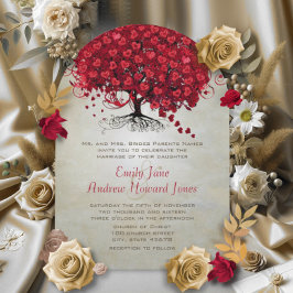 Elegant Forest Red Heart Leaf Tree Wedding Invite Kaart