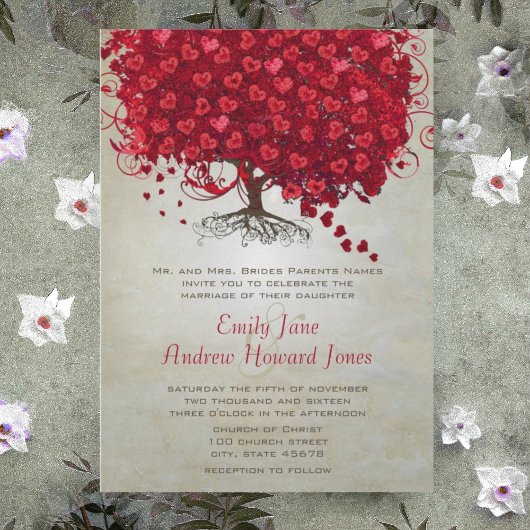 Elegant Forest Red Heart Leaf Tree Wedding Invite Kaart