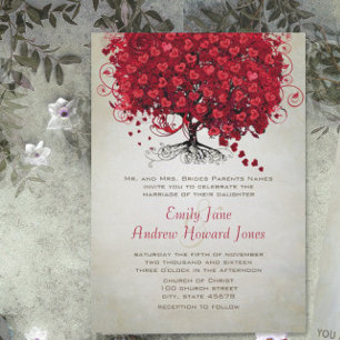 Elegant Forest Red Heart Leaf Tree Wedding Invite Kaart