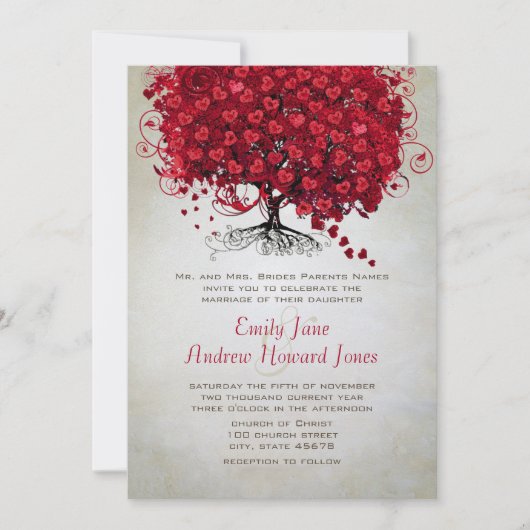 Elegant Forest Red Heart Leaf Tree Wedding Invite Kaart (Voorkant)