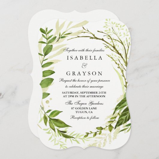 Elegant Forest Wreath Greenery Wedding Invitation Kaart (Voorkant / Achterkant)