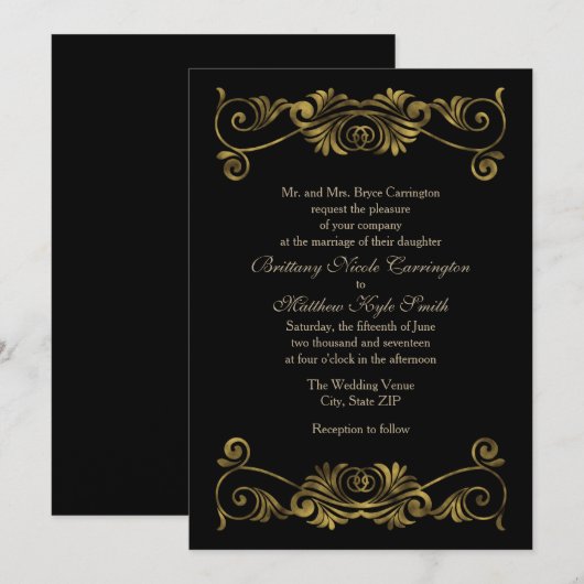 Elegant Formal Black and Gold Wedding Kaart (Voorkant / Achterkant)