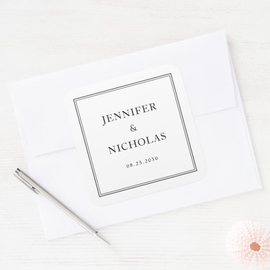 Elegant Formal  Black And White Wedding Vierkante Sticker (Envelop)