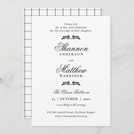 Elegant Formal Black White Uitnodiging (Voorkant / Achterkant)