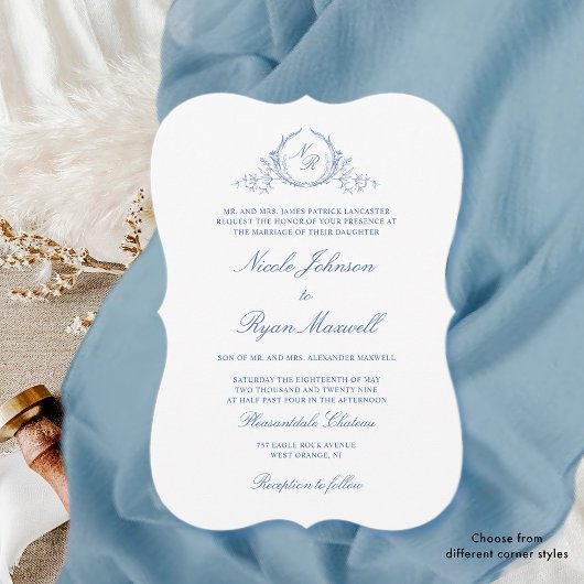 Elegant Formal Blue Monogram Weddenschap Kaart