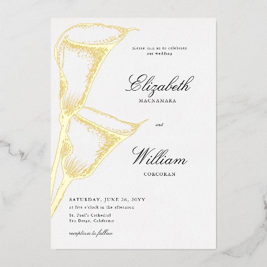 Elegant Formal Classic Calla Lilly Gold Wedding Folie Uitnodiging (Voorkant)