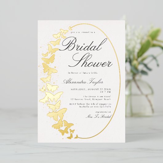 Elegant Formal Classic Gouden Vlinder Lijst Bruid Folie Uitnodiging (Staand Voorkant)