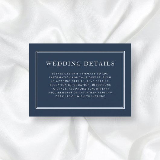 Elegant Formal Classic Navy Blue Wedding Details Informatiekaartje