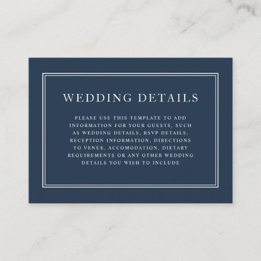 Elegant Formal Classic Navy Blue Wedding Details Informatiekaartje (Voorkant)