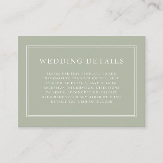 Elegant Formal Classic Sage Green Wedding Details Informatiekaartje (Voorkant)