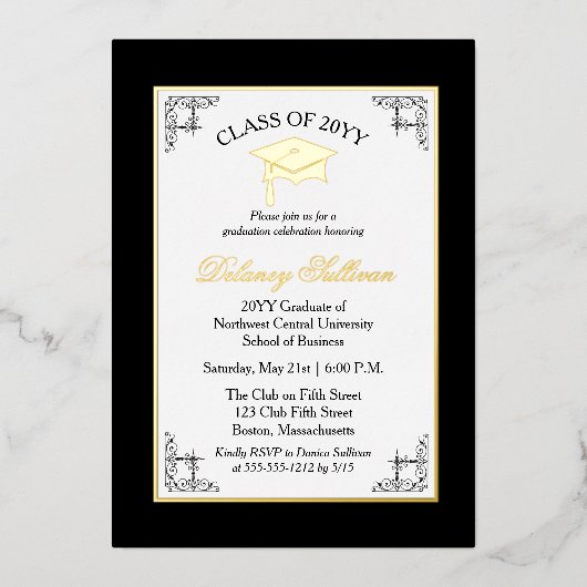 Elegant Formal College Graduation Party Gold Folie Uitnodiging (Voorkant)