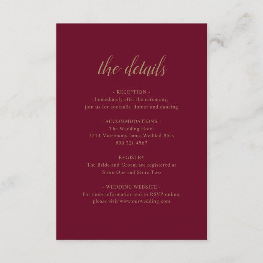 Elegant Formal Details Gold Burgundy Wedding Informatiekaartje (Voorkant)