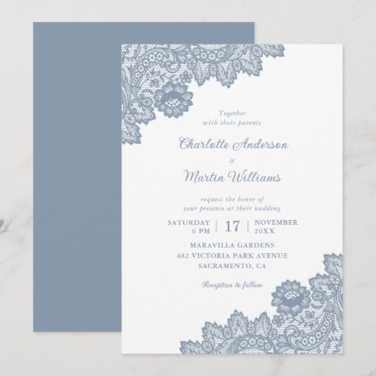 Elegant Formal Dusty Blue Floral Wedding Kaart (Voorkant / Achterkant)