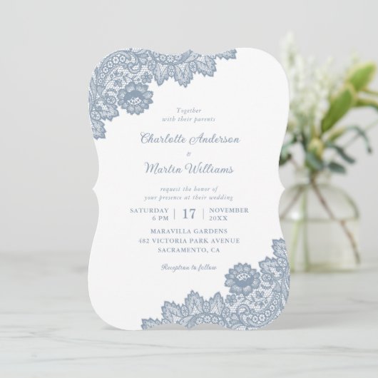Elegant Formal Dusty Blue Floral Wedding Kaart (Staand voorkant)