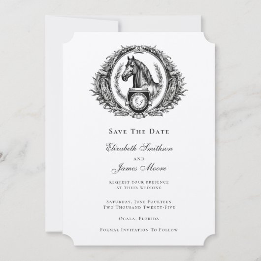 Elegant Formal Equestrian Monogram Crest Foto Save The Date (Voorkant)