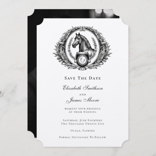 Elegant Formal Equestrian Monogram Crest Foto Save The Date (Voorkant / Achterkant)