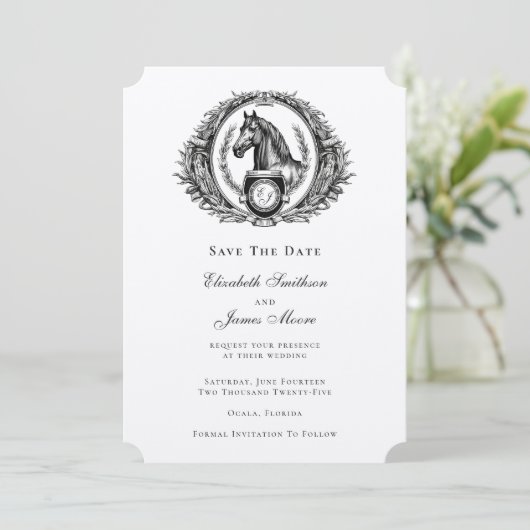 Elegant Formal Equestrian Monogram Crest Wedding Save The Date (Staand voorkant)