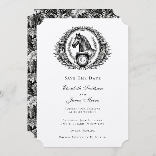 Elegant Formal Equestrian Monogram Crest Wedding Save The Date (Voorkant / Achterkant)