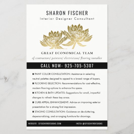 Elegant Formal Faux Gold Lotus Floral Business Flyer (Voorkant)