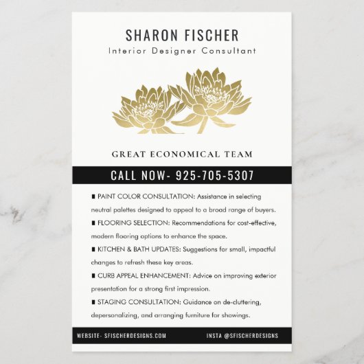 Elegant Formal Faux Gold Lotus Floral Business Flyer (Voorkant)