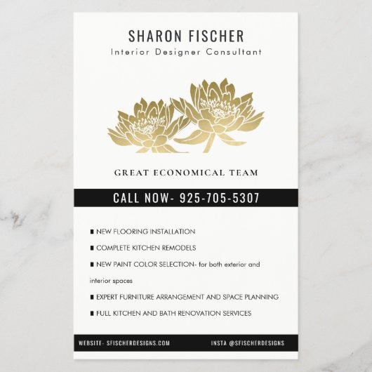 Elegant Formal Faux Gold Lotus Floral Business Flyer (Voorkant)