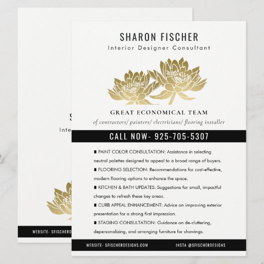 Elegant Formal Faux Gold Lotus Floral Business Kaart (Voorkant / Achterkant)