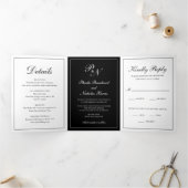 Elegant Formal Foto Black Monogram Weddenschap Drieluik Uitnodiging (Binnen)
