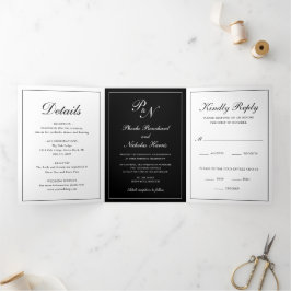 Elegant Formal Foto Black Monogram Weddenschap Drieluik Uitnodiging