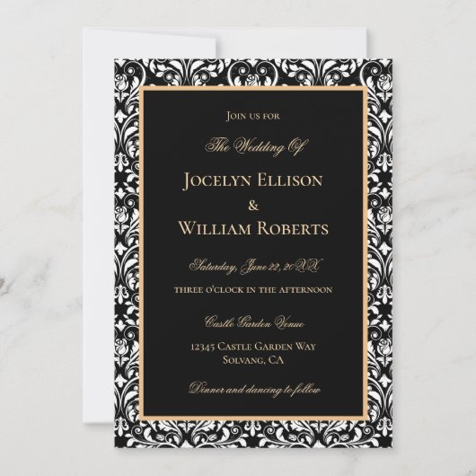 Elegant Formal Gold Black White Damask Wedding Kaart (Voorkant)