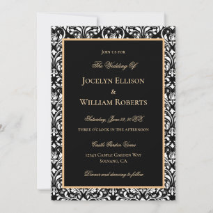 Elegant Formal Gold Black White Damask Wedding Kaart