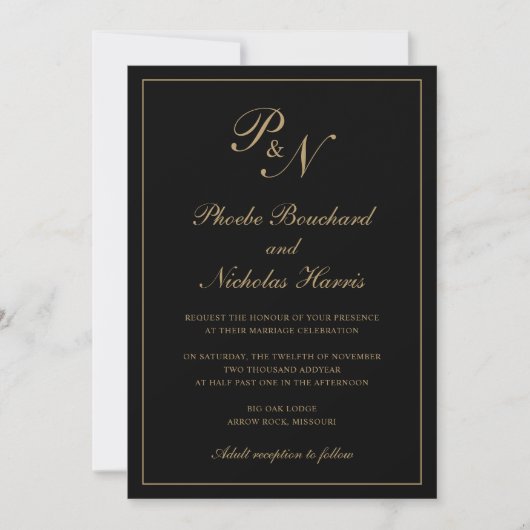 Elegant Formal Monogram Black en Gold Wedding Kaart (Voorkant)