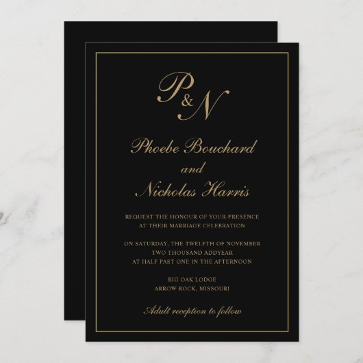 Elegant Formal Monogram Black en Gold Wedding Kaart (Voorkant / Achterkant)