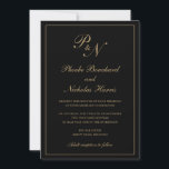 Elegant Formal Monogram Black en Gold Wedding Kaart<br><div class="desc">Traditionele gouden bruidbruidsuitnodiging met een eenvoudig en klassiek ontwerp met uw twee initiaal monogram en uw namen in een elegante kalligrafie binnen een dunne rand. Alle ontwerpelementen kunnen worden gewijzigd in het ontwerpbewerkgereedschap. Deze elegante trouwuitnodigingen zijn perfect voor een formele bruiloft.</div>