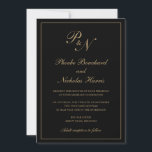 Elegant Formal Monogram Black en Gold Wedding Kaart<br><div class="desc">Traditionele gouden bruidbruidsuitnodiging met een eenvoudig en klassiek ontwerp met uw twee initiaal monogram en uw namen in een elegante kalligrafie binnen een dunne rand. Alle ontwerpelementen kunnen worden gewijzigd in het ontwerpbewerkgereedschap. Deze elegante trouwuitnodigingen zijn perfect voor een formele bruiloft.</div>