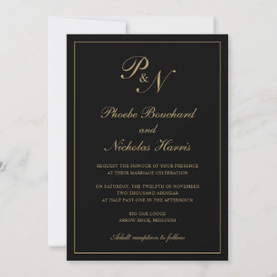 Elegant Formal Monogram Black en Gold Wedding Kaart