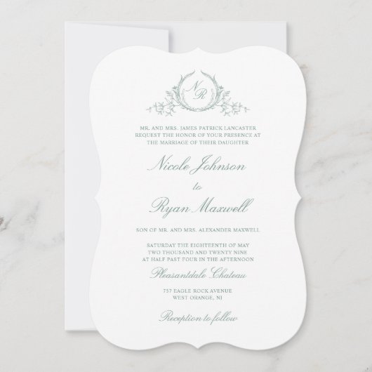 Elegant Formal Monogram Bord Green Wedding Kaart (Voorkant)