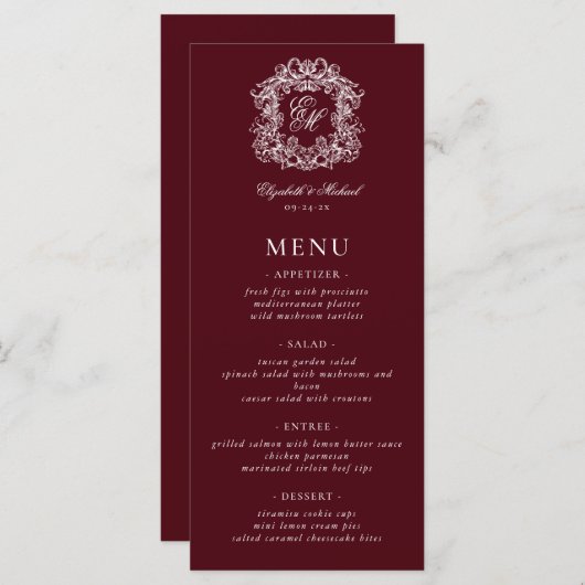 Elegant Formal Monogram Crest Burgundy Wedding Menu (Voorkant / Achterkant)