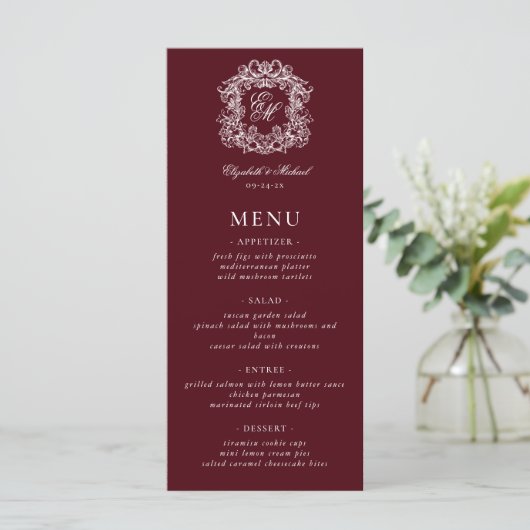 Elegant Formal Monogram Crest Burgundy Wedding Menu (Staand voorkant)