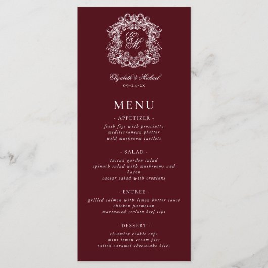 Elegant Formal Monogram Crest Burgundy Wedding Menu (Voorkant)