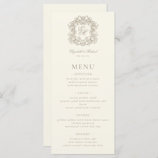 Elegant Formal Monogram Crest Ivory Wedding Menu (Voorkant / Achterkant)