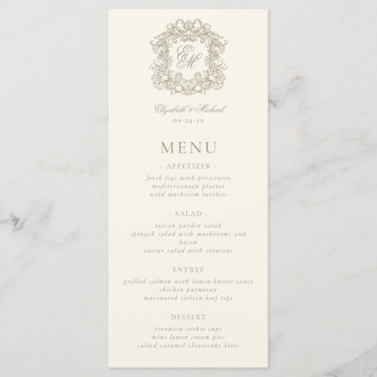 Elegant Formal Monogram Crest Ivory Wedding Menu (Voorkant)