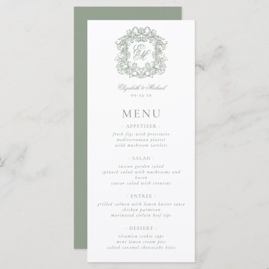 Elegant Formal Monogram Crest Sage Green Wedding Menu (Voorkant / Achterkant)