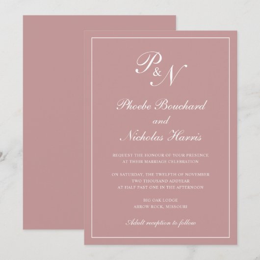 Elegant Formal Monogram Dusty Roos Pink Wedding Kaart (Voorkant / Achterkant)