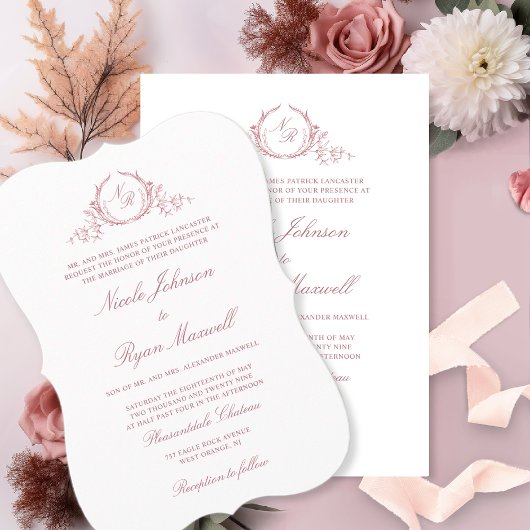 Elegant Formal Monogram Dusty Roos Wedding Kaart